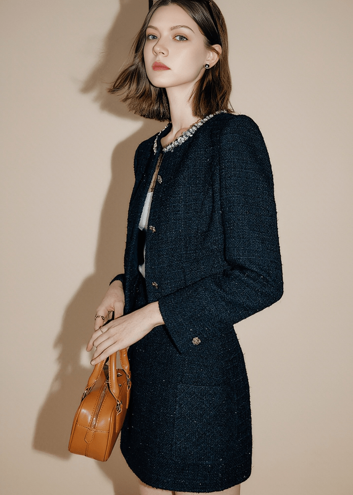 RHINESTONE TRIM TWEED JACKET - Vera Lumina