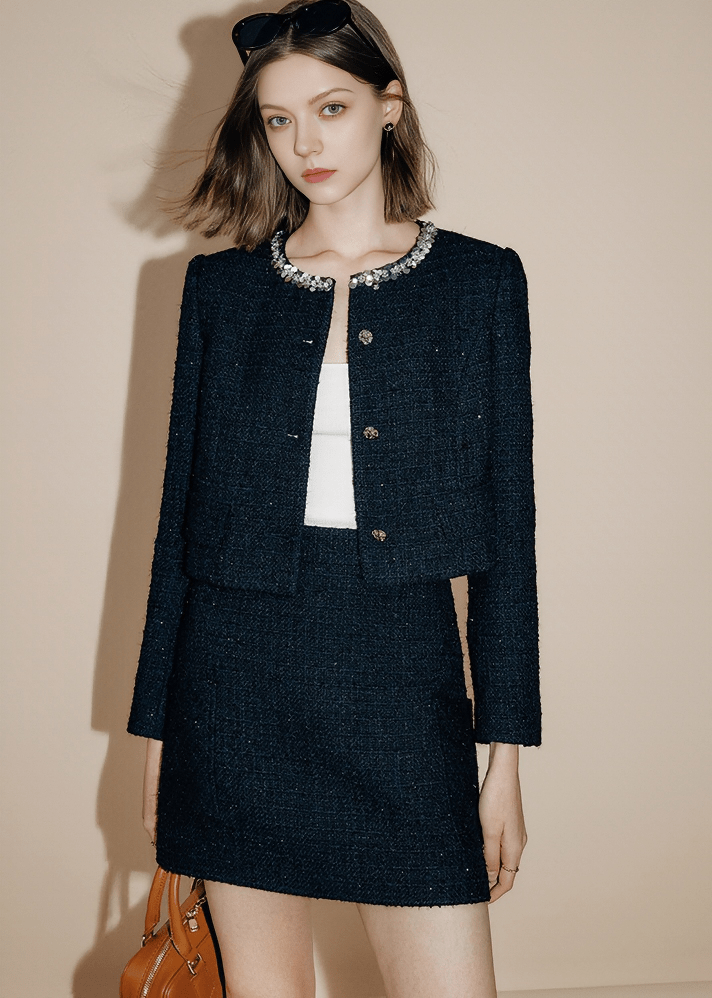 RHINESTONE TRIM TWEED JACKET - Vera Lumina