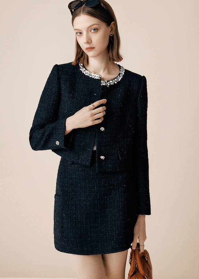 RHINESTONE TRIM TWEED JACKET - Vera Lumina