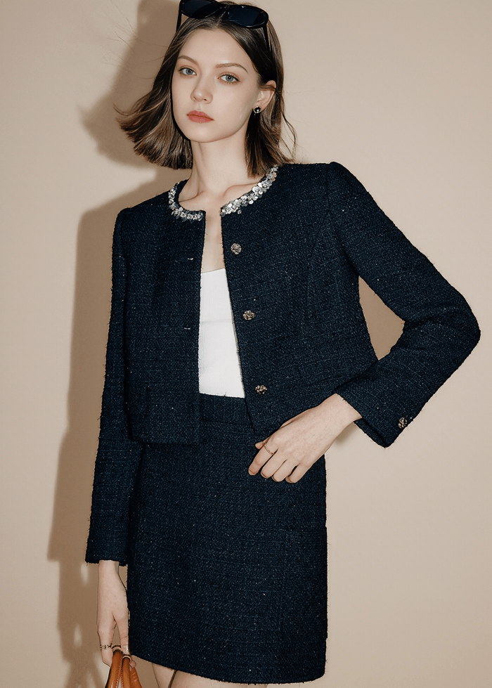 RHINESTONE TRIM TWEED JACKET - Vera Lumina
