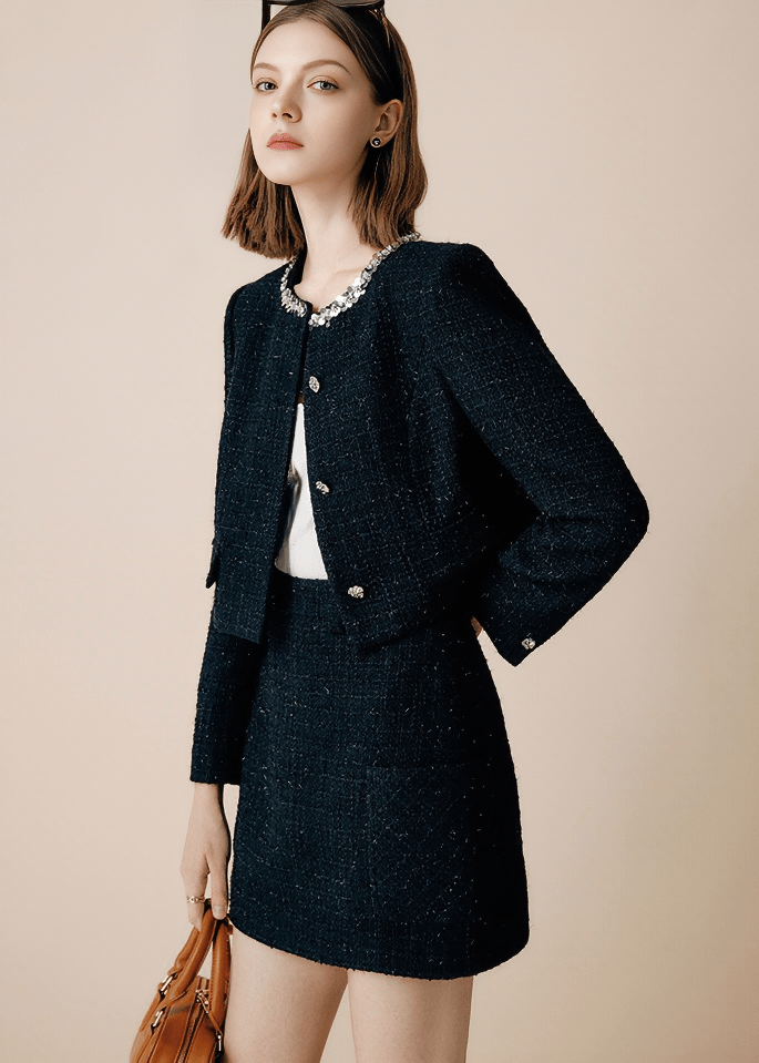 RHINESTONE TRIM TWEED JACKET - Vera Lumina