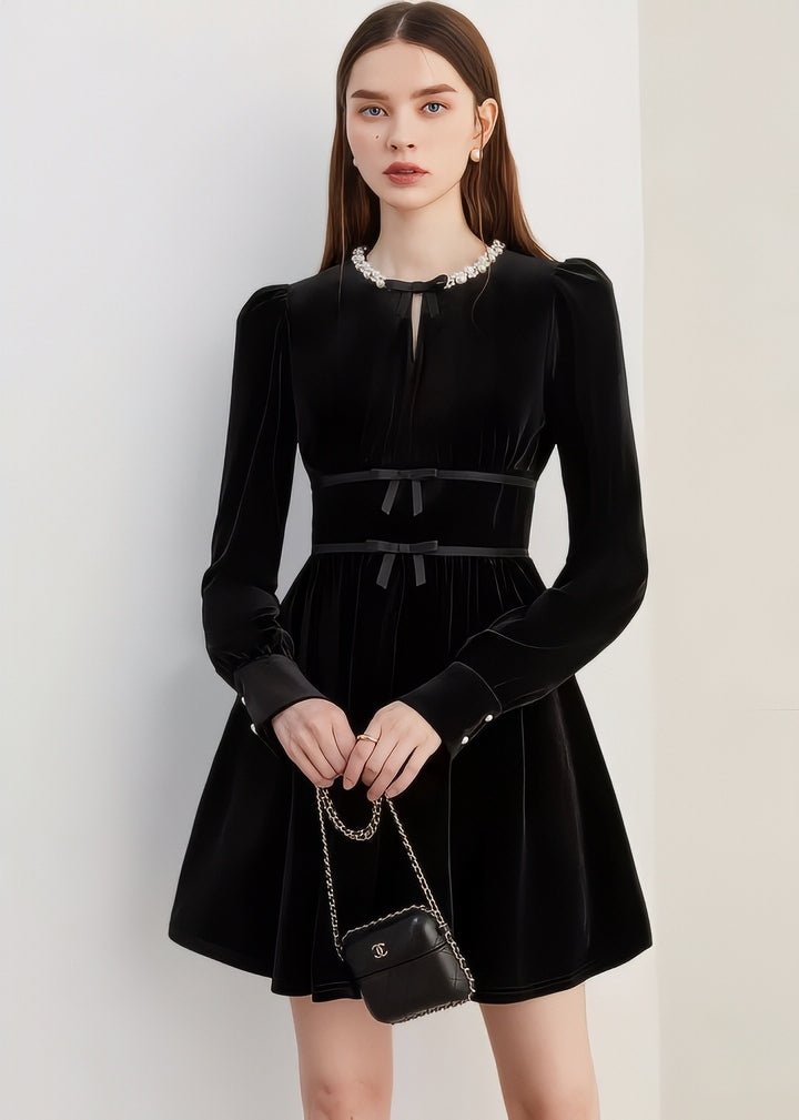 Ribbon Design Velvet Mini Dress - Vera Lumina