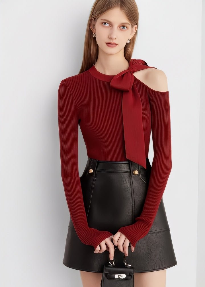 Ribbon Shoulder - Cut Ribbed Knit Top - Vera Lumina