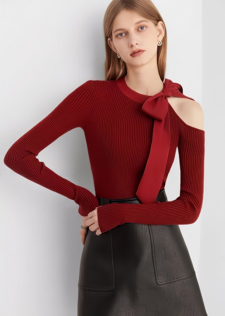 Ribbon Shoulder - Cut Ribbed Knit Top - Vera Lumina