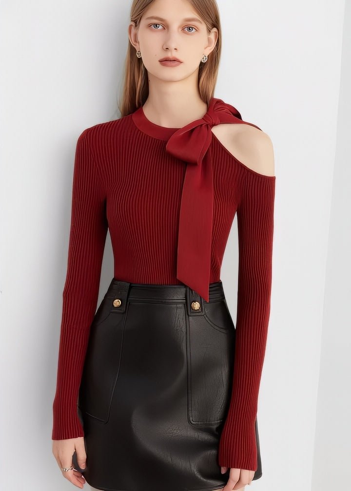 Ribbon Shoulder - Cut Ribbed Knit Top - Vera Lumina