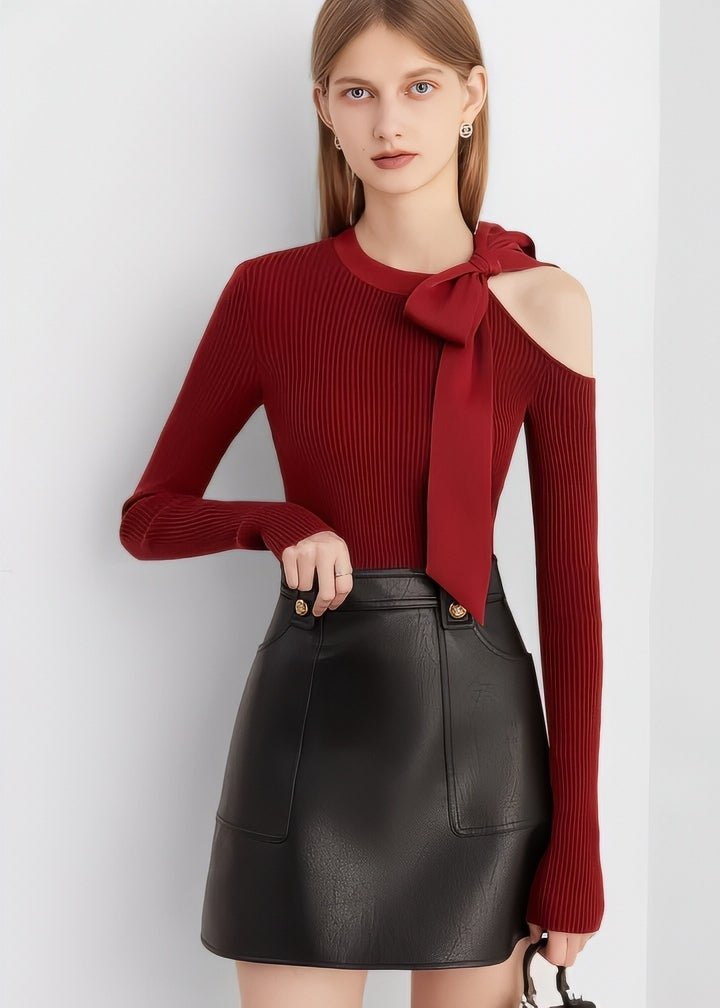 Ribbon Shoulder - Cut Ribbed Knit Top - Vera Lumina