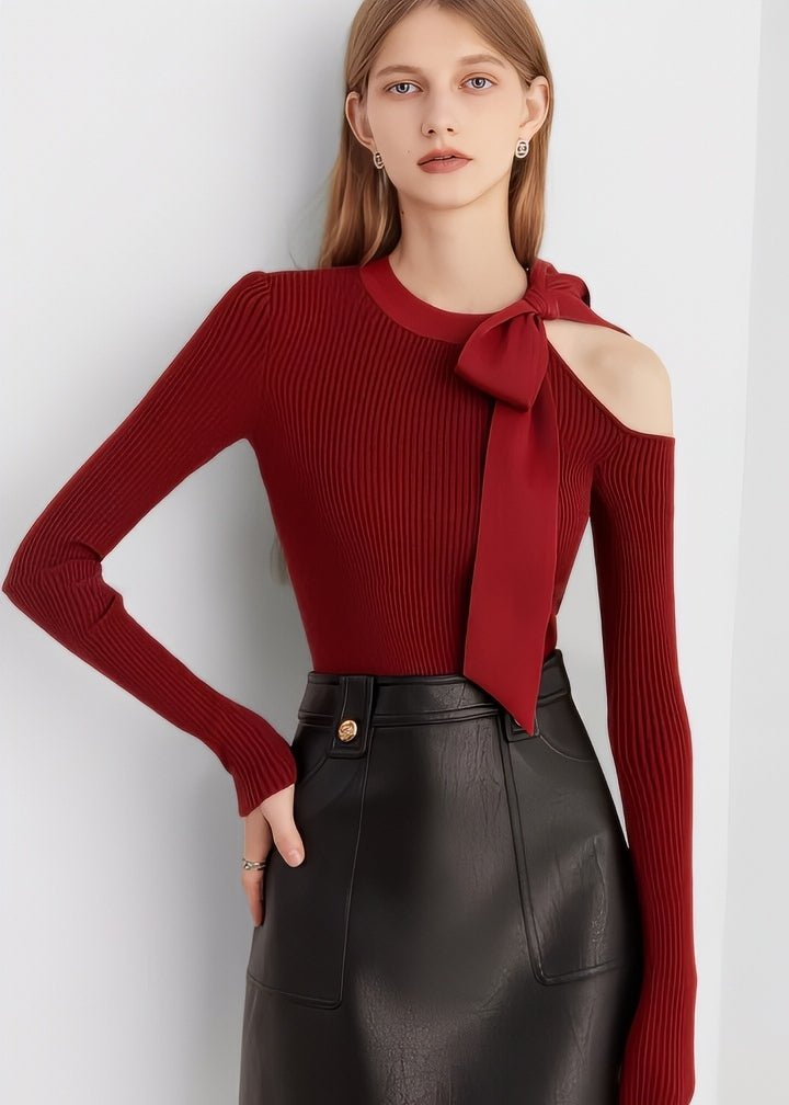 Ribbon Shoulder - Cut Ribbed Knit Top - Vera Lumina
