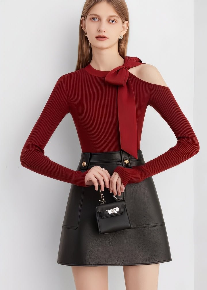 Ribbon Shoulder - Cut Ribbed Knit Top - Vera Lumina