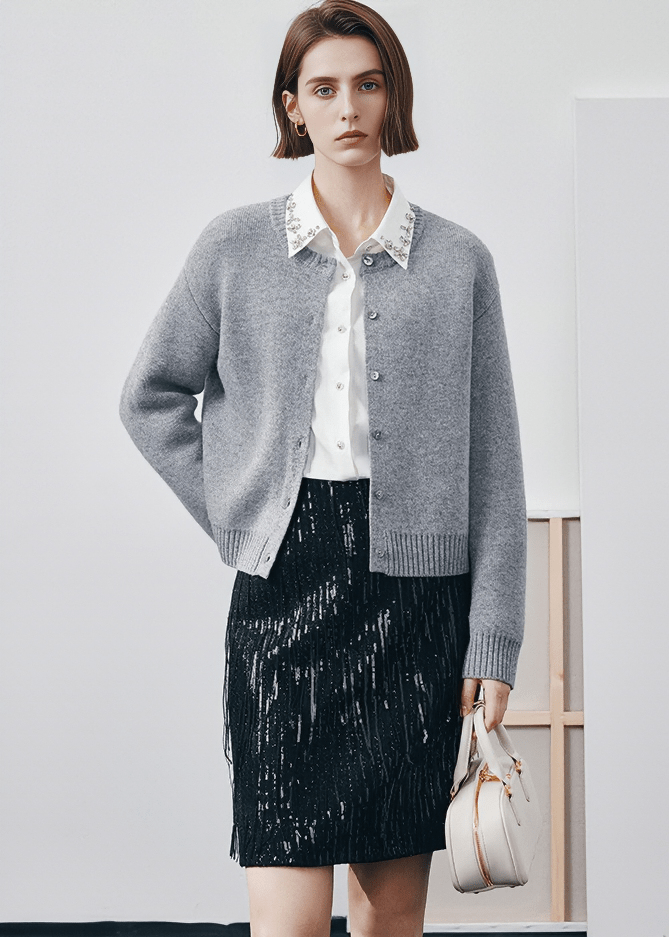 ROUND NECK CASHMERE BLEND CARDIGAN - Vera Lumina