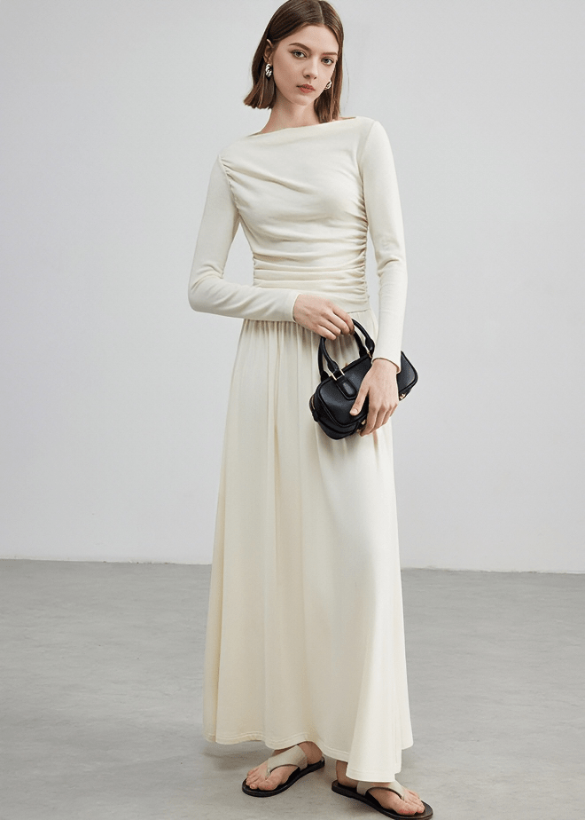 RUCHED WAIST BOAT NECK DRESS - Vera Lumina