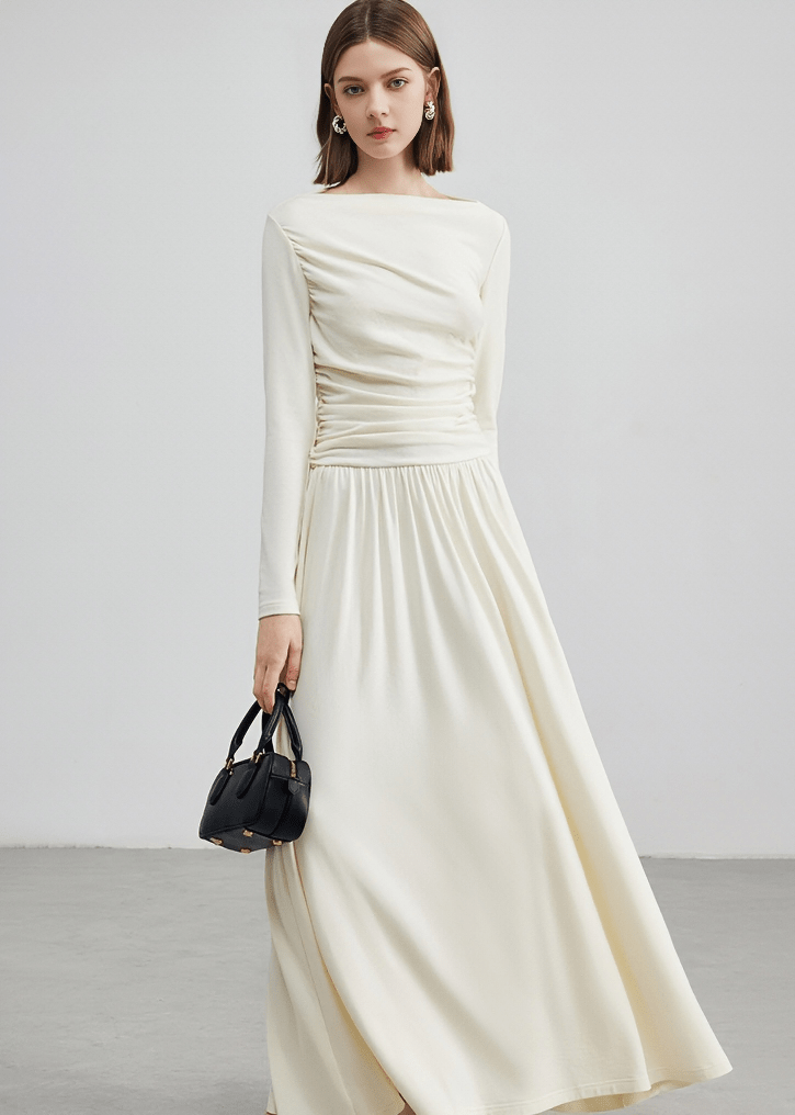 RUCHED WAIST BOAT NECK DRESS - Vera Lumina