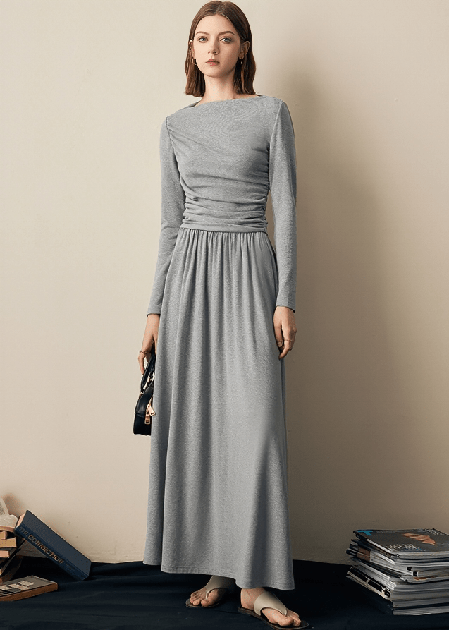 RUCHED WAIST BOAT NECK DRESS - Vera Lumina
