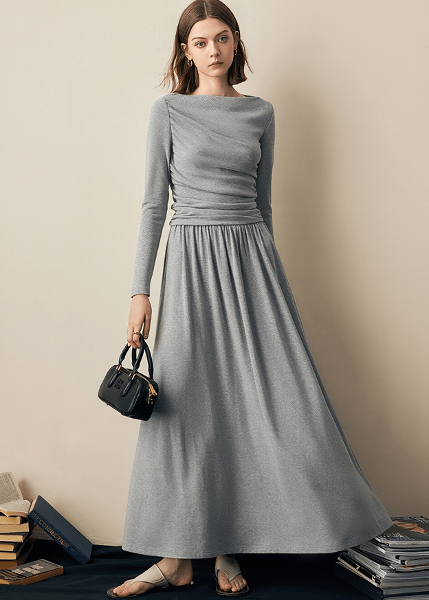 RUCHED WAIST BOAT NECK DRESS - Vera Lumina