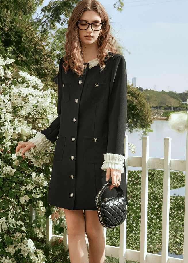 RUFFLE COLLAR MILITARY BUTTON DRESS - Vera Lumina