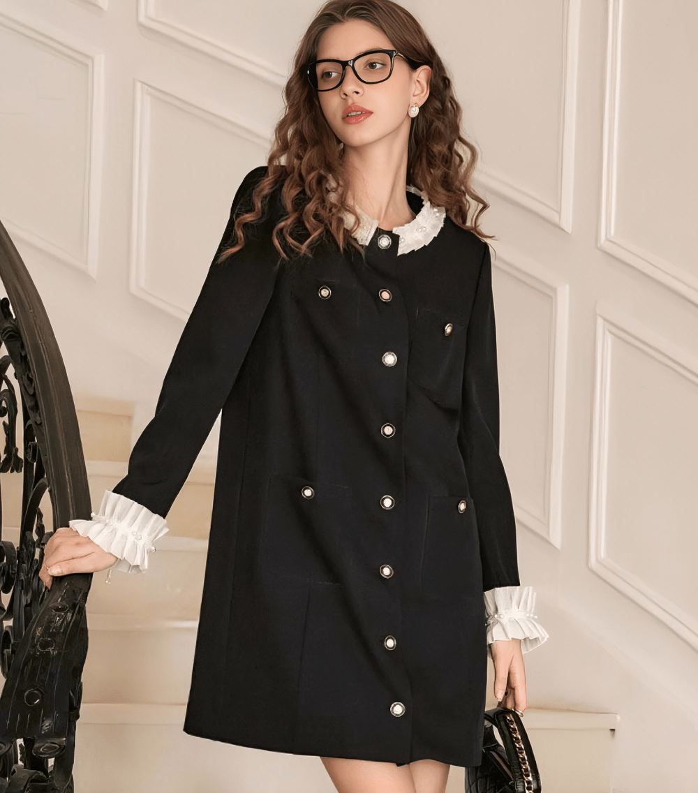 RUFFLE COLLAR MILITARY BUTTON DRESS - Vera Lumina