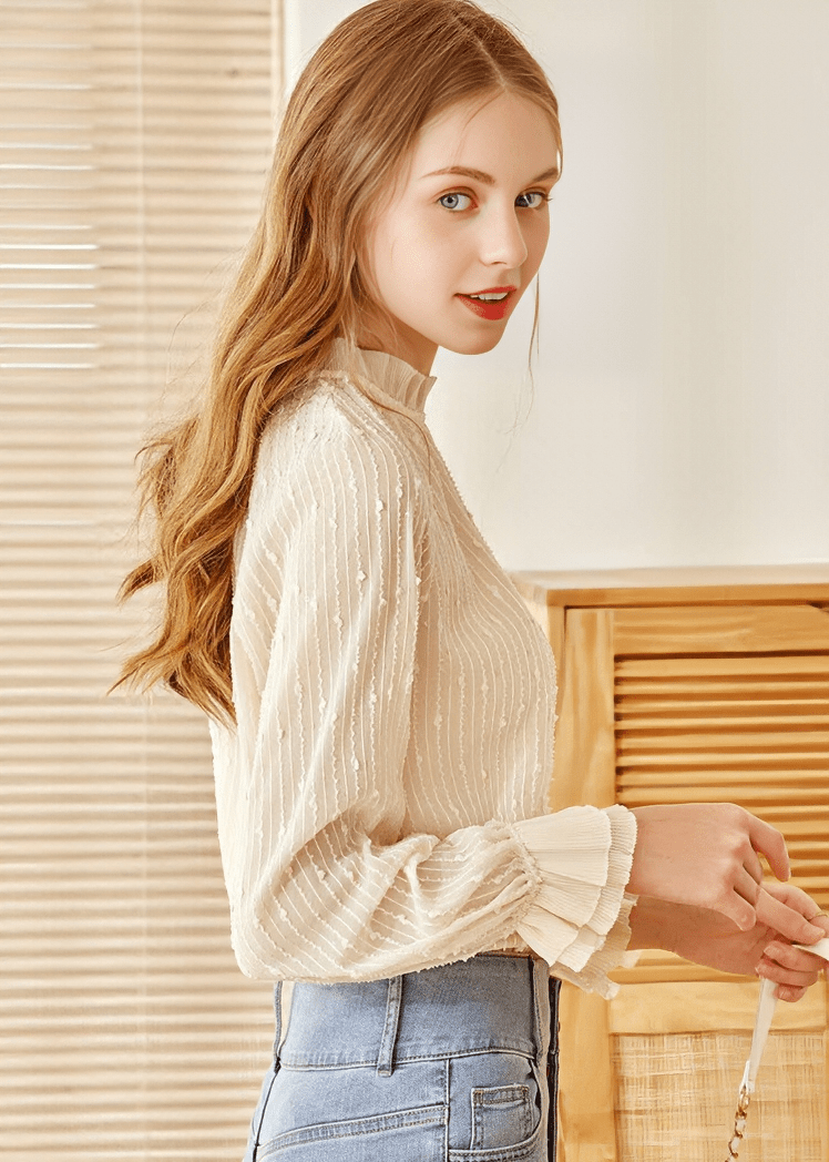 RUFFLED MOCK NECK CRINKLE BLOUSE - Vera Lumina