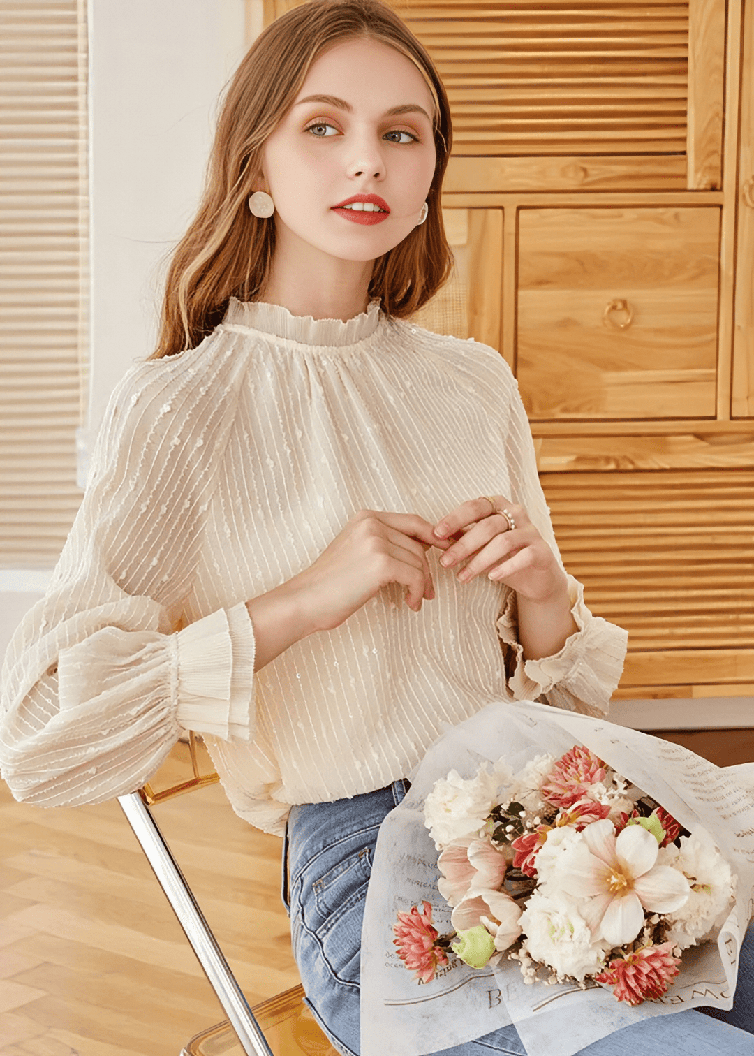 RUFFLED MOCK NECK CRINKLE BLOUSE - Vera Lumina