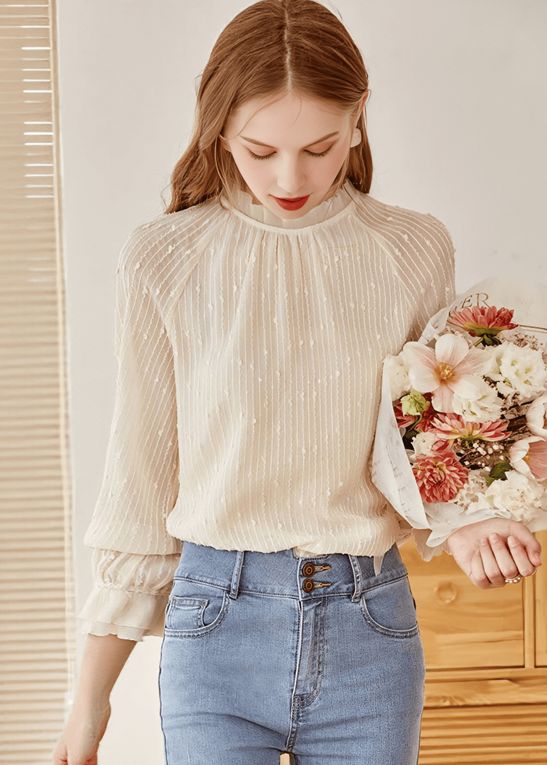 RUFFLED MOCK NECK CRINKLE BLOUSE - Vera Lumina