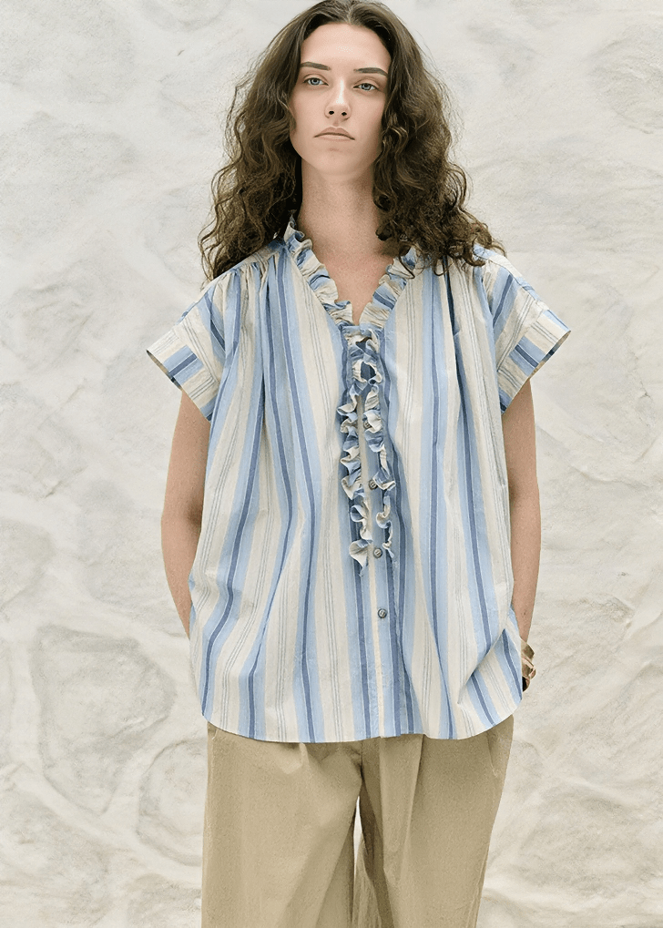 RUFFLED PLACKET STRIPE SHIRT - Vera Lumina