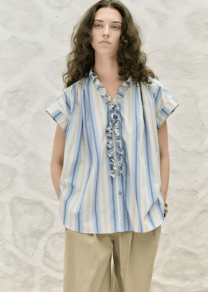 RUFFLED PLACKET STRIPE SHIRT - Vera Lumina