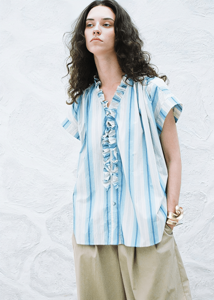 RUFFLED PLACKET STRIPE SHIRT - Vera Lumina