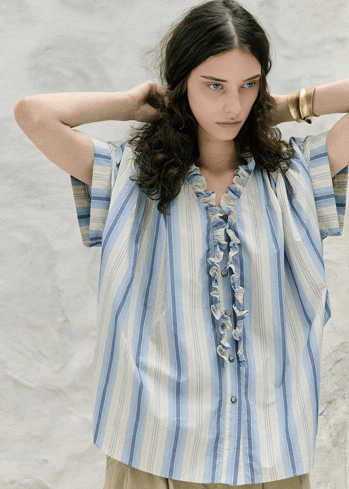 RUFFLED PLACKET STRIPE SHIRT - Vera Lumina