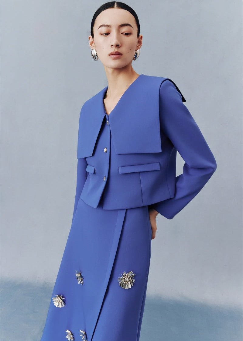 Sapphire blue preppy short coat floral beaded skirt suit set - Jen/下書き - Vera Lumina