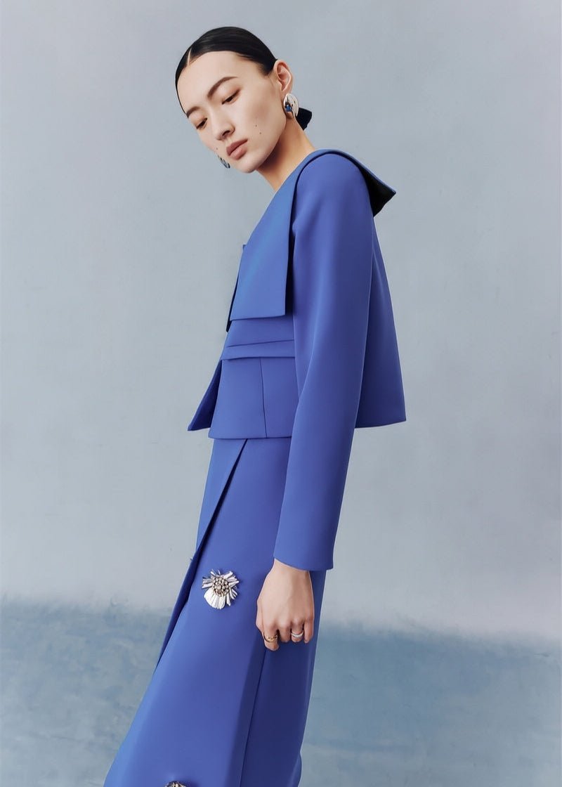 Sapphire blue preppy short coat floral beaded skirt suit set - Jen/下書き - Vera Lumina
