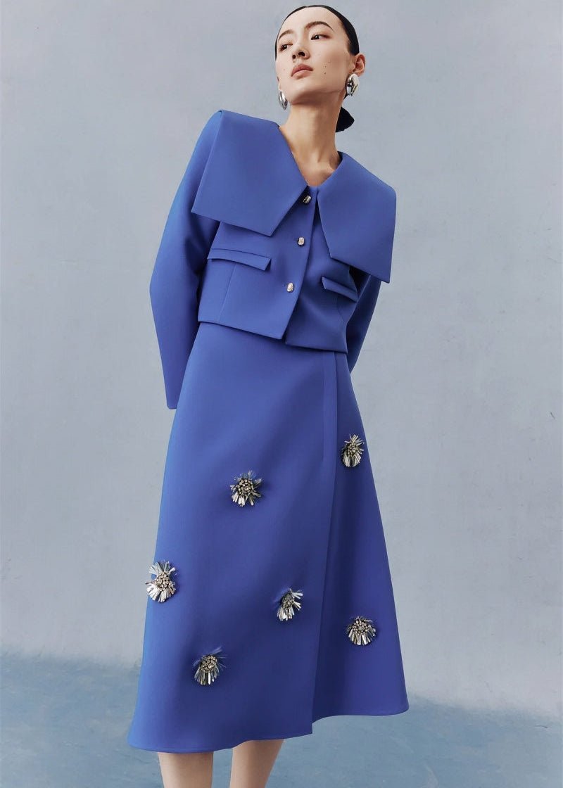Sapphire blue preppy short coat floral beaded skirt suit set - Jen/下書き - Vera Lumina