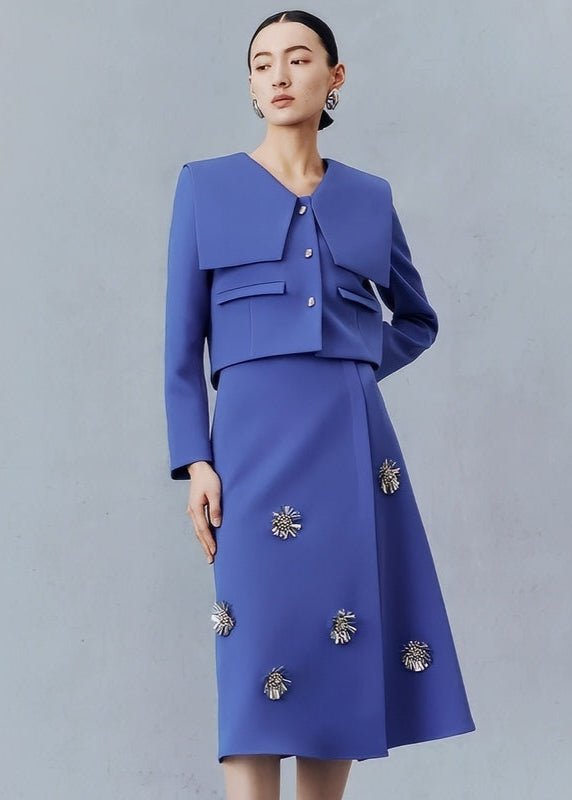 Sapphire blue preppy short coat floral beaded skirt suit set - Jen/下書き - Vera Lumina