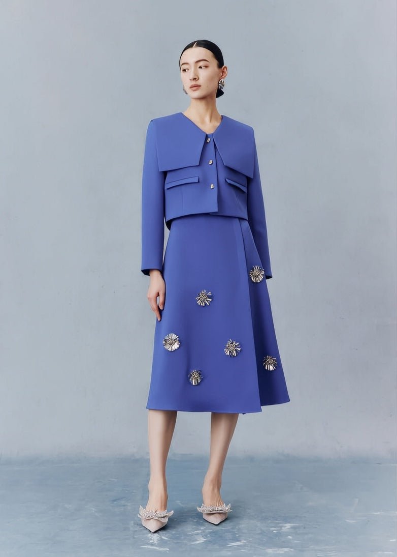 Sapphire blue preppy short coat floral beaded skirt suit set - Jen/下書き - Vera Lumina