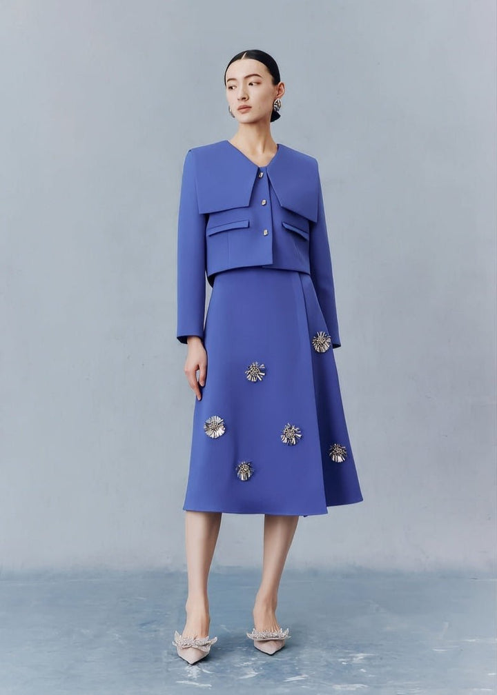Sapphire blue preppy short coat floral beaded skirt suit set - Jen/下書き - Vera Lumina