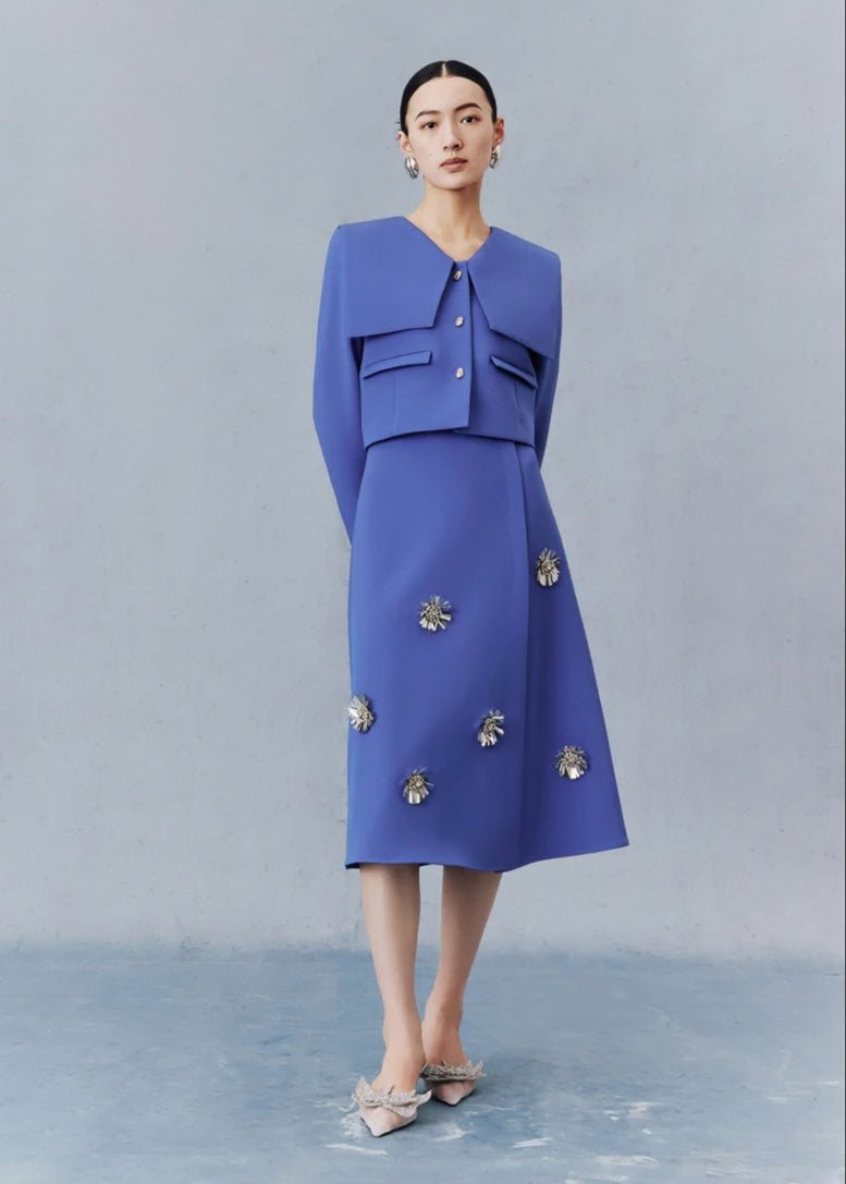Sapphire blue preppy short coat floral beaded skirt suit set - Jen/下書き - Vera Lumina