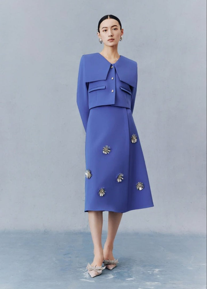 Sapphire blue preppy short coat floral beaded skirt suit set - Jen/下書き - Vera Lumina