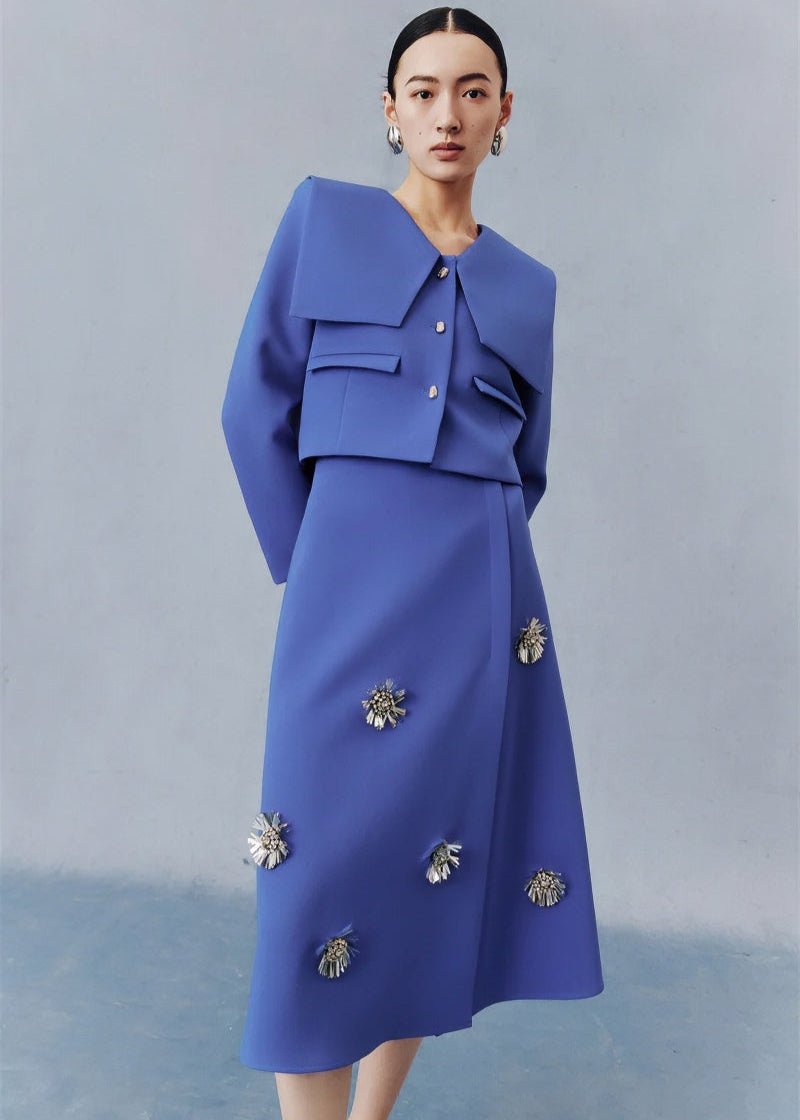 Sapphire blue preppy short coat floral beaded skirt suit set - Jen/下書き - Vera Lumina