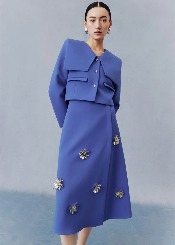 Sapphire blue preppy short coat floral beaded skirt suit set - Jen/下書き - Vera Lumina