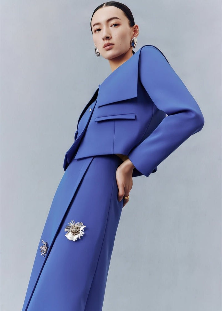 Sapphire blue preppy short coat floral beaded skirt suit set - Jen/下書き - Vera Lumina