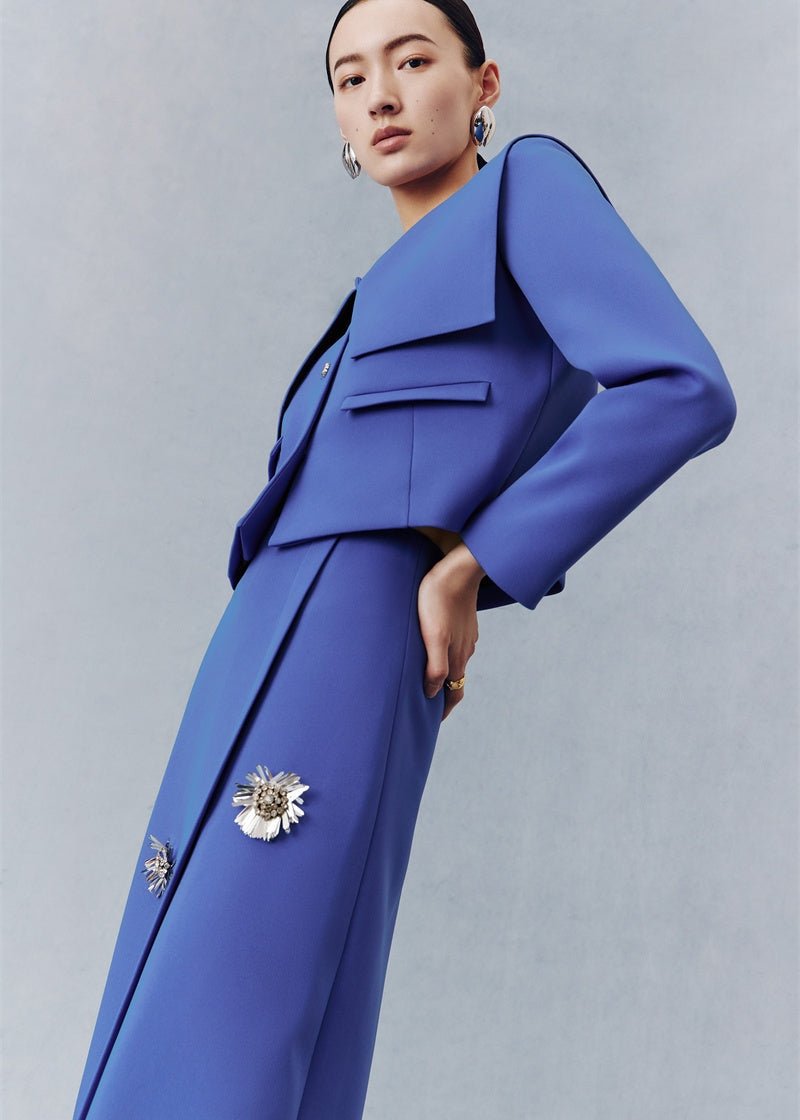Sapphire blue short jacket & floral beaded skirt - Vera Lumina