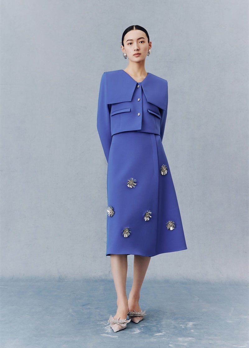 Sapphire blue short jacket & floral beaded skirt - Vera Lumina