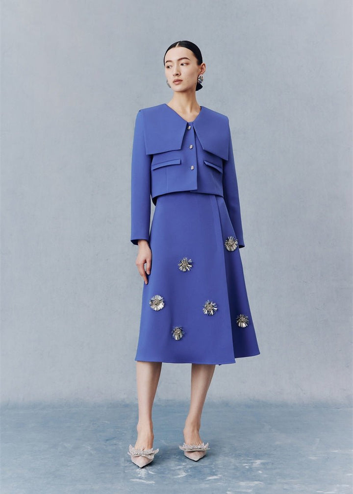 Sapphire blue short jacket & floral beaded skirt - Vera Lumina