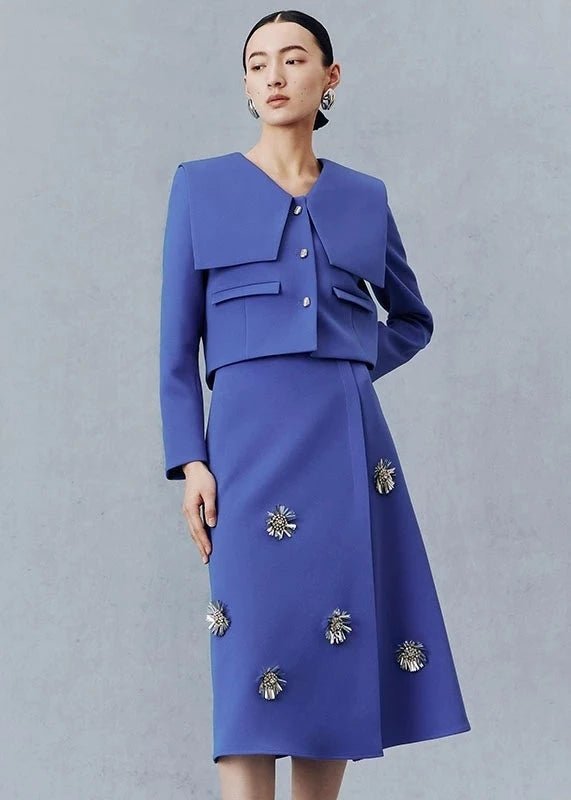 Sapphire blue short jacket & floral beaded skirt - Vera Lumina
