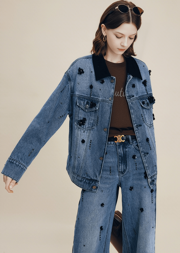 SCATTERED FLORAL EMBROIDERED DENIM JACKET - Vera Lumina
