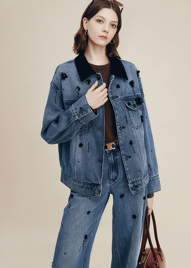 SCATTERED FLORAL EMBROIDERED DENIM JACKET - Vera Lumina