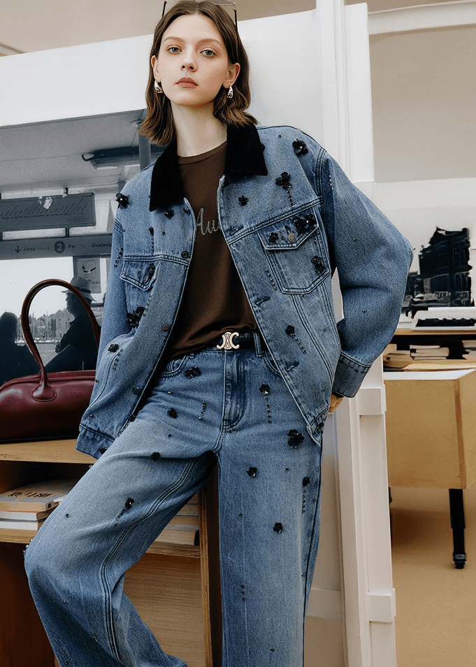 SCATTERED FLORAL EMBROIDERED DENIM JACKET - Vera Lumina