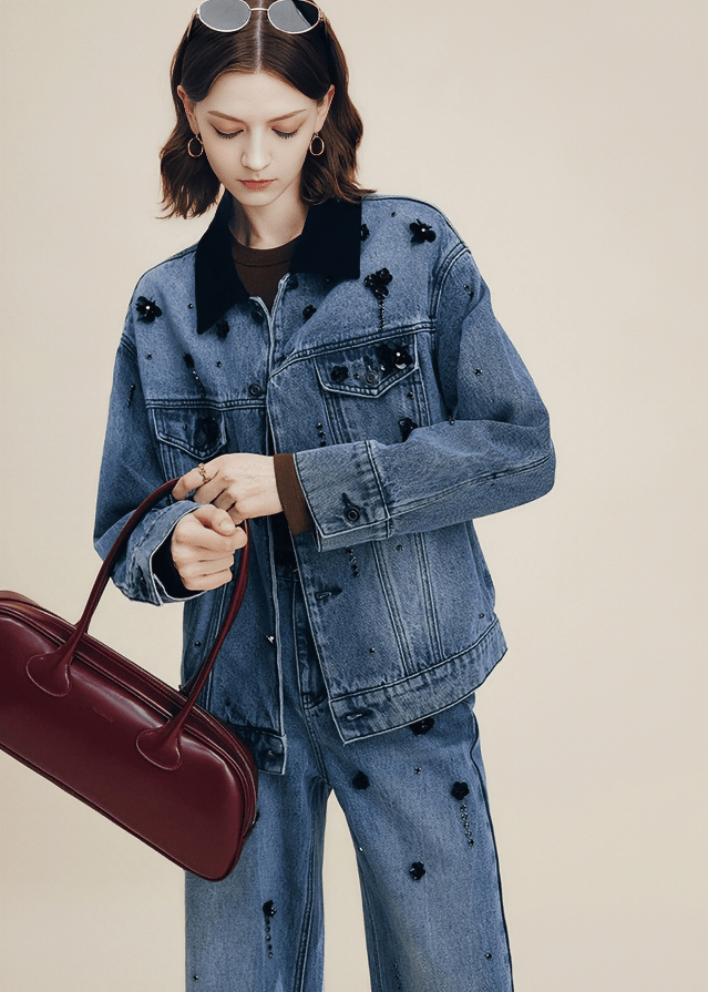 SCATTERED FLORAL EMBROIDERED DENIM JACKET - Vera Lumina