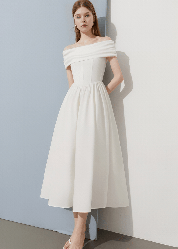 SCULPTURAL DRAPE OFF - SHOULDER DRESS - Vera Lumina