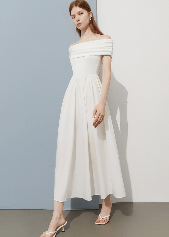 SCULPTURAL DRAPE OFF - SHOULDER DRESS - Vera Lumina