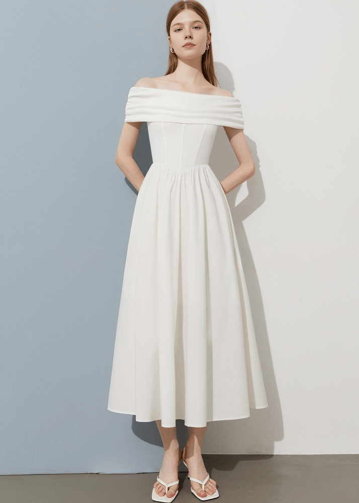 SCULPTURAL DRAPE OFF - SHOULDER DRESS - Vera Lumina