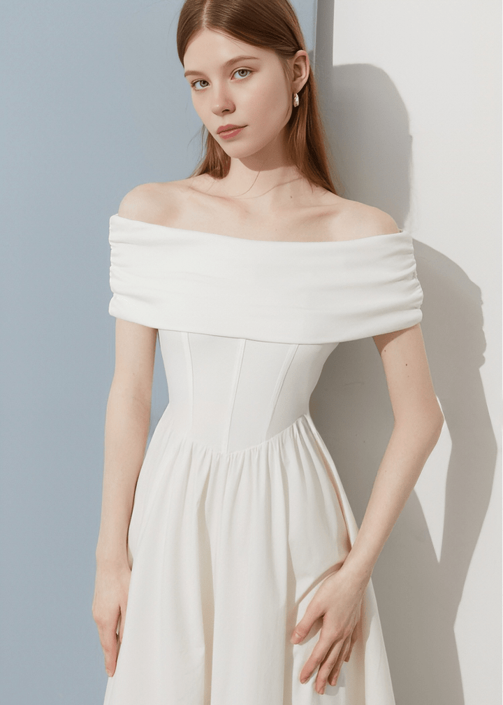 SCULPTURAL DRAPE OFF - SHOULDER DRESS - Vera Lumina