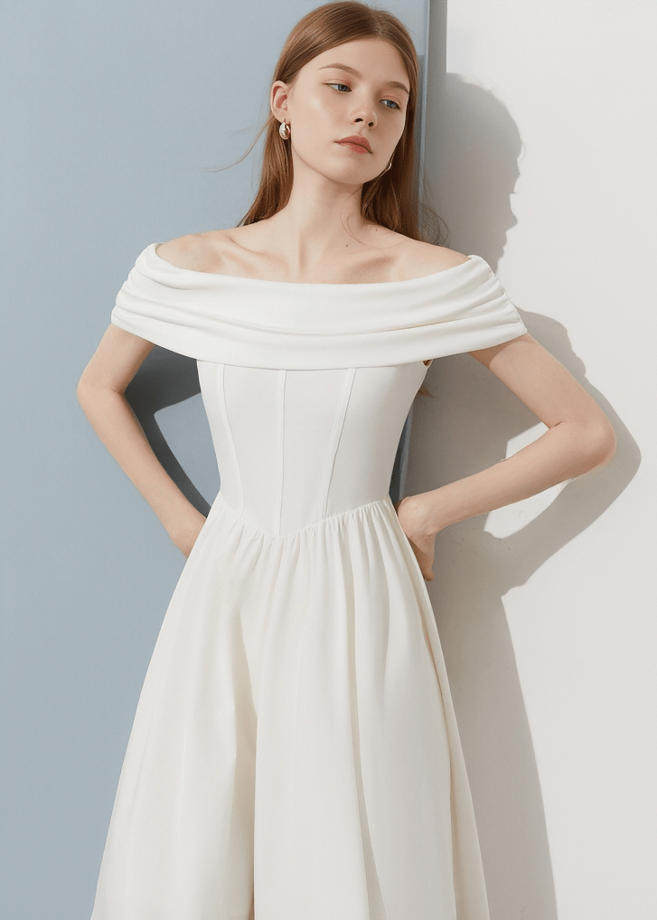 SCULPTURAL DRAPE OFF-SHOULDER DRESS